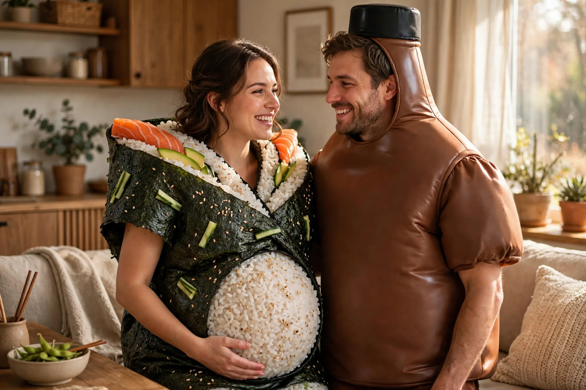 A pregnant woman as a sushi roll with her partner dressed as a bottle of soy sauce