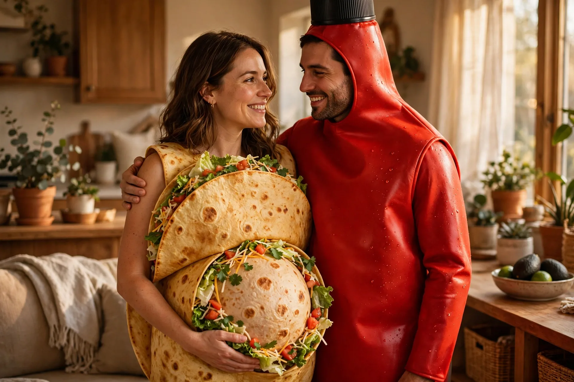 A pregnant woman as a taco with her partner dressed as a bottle of hot sauce