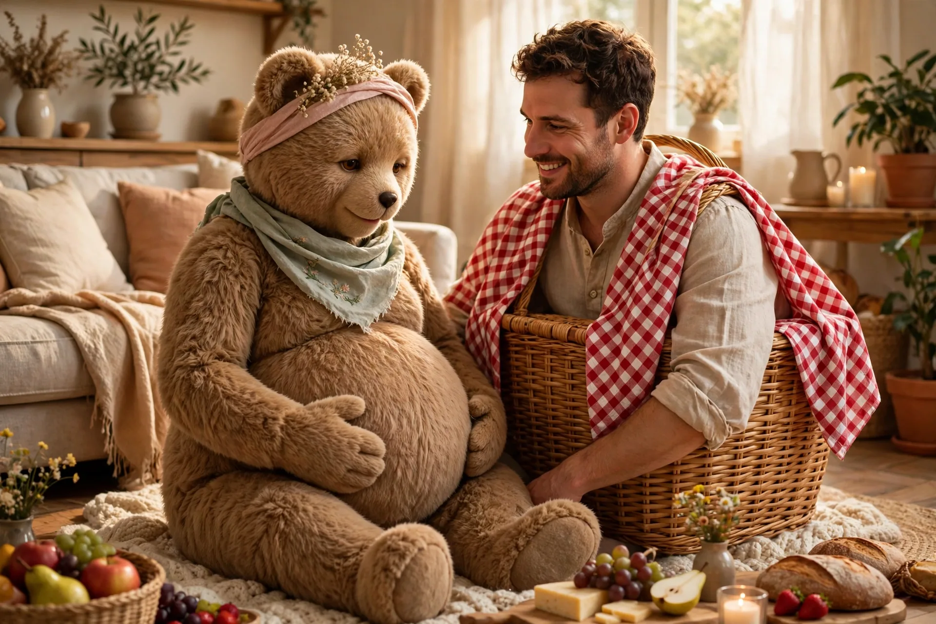 A pregnant woman as a teddy bear with her partner dressed as a picnic basket with a checkered cloth