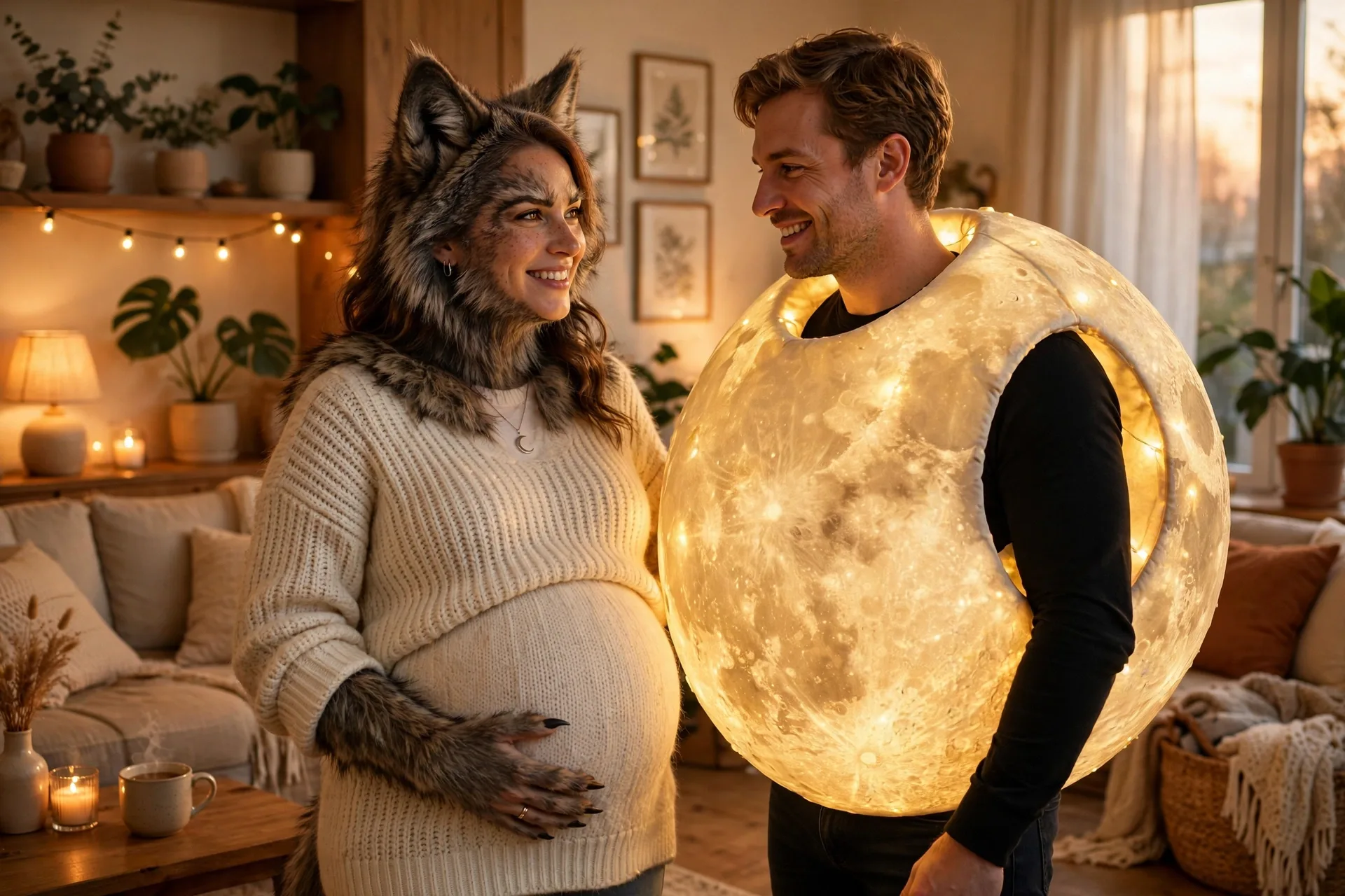 A pregnant woman as a werewolf with her partner dressed as the full moon in a glowing costume