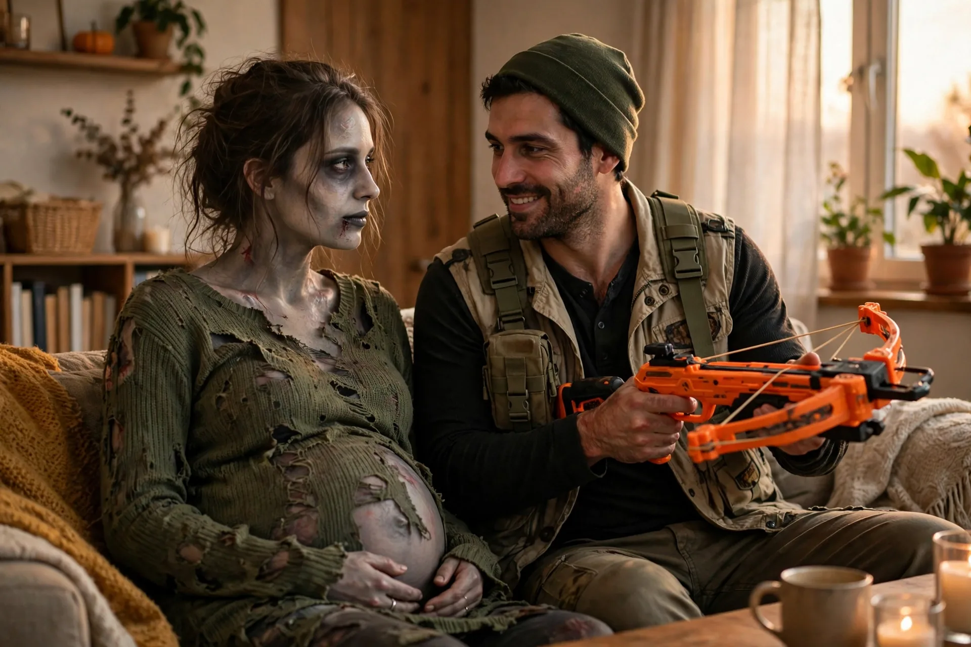 A pregnant woman as a zombie with her partner dressed as a zombie hunter with a toy crossbow