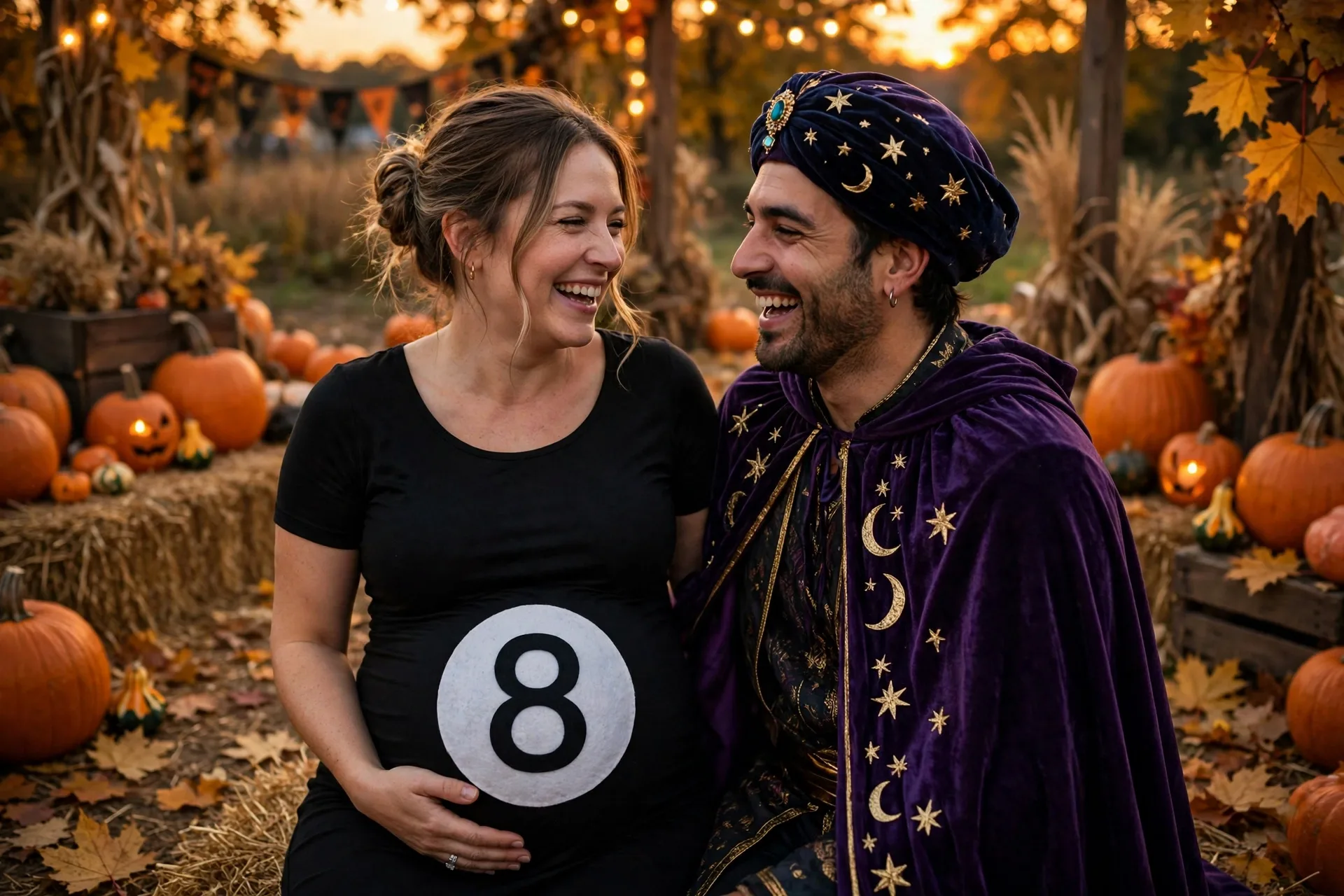 Happy pregnant couple in a DIY magic 8 ball and fortune teller Halloween costume at a pumpkin patch