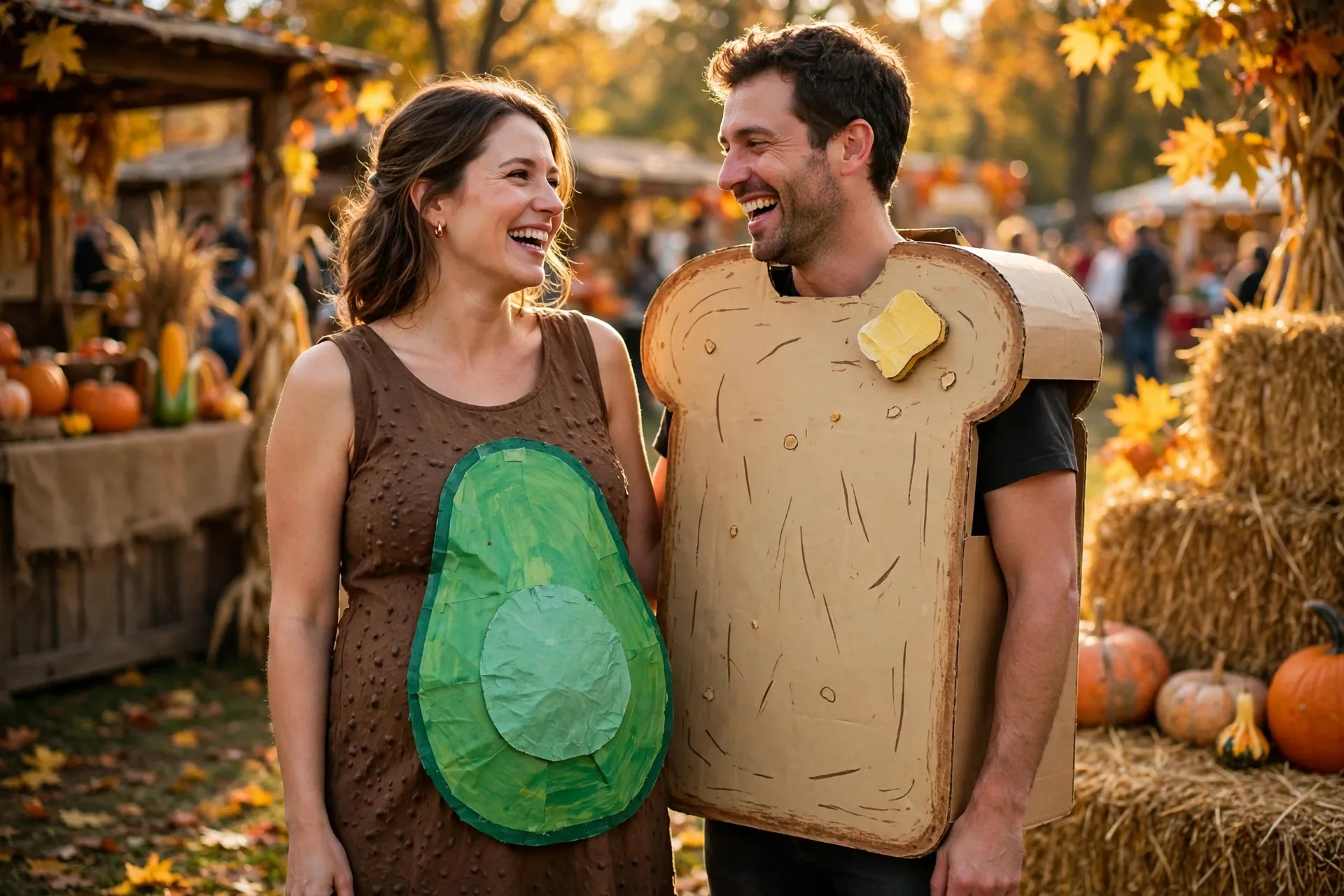Pregnant woman in a green avocado half costume with her partner dressed as toast at a fall festival