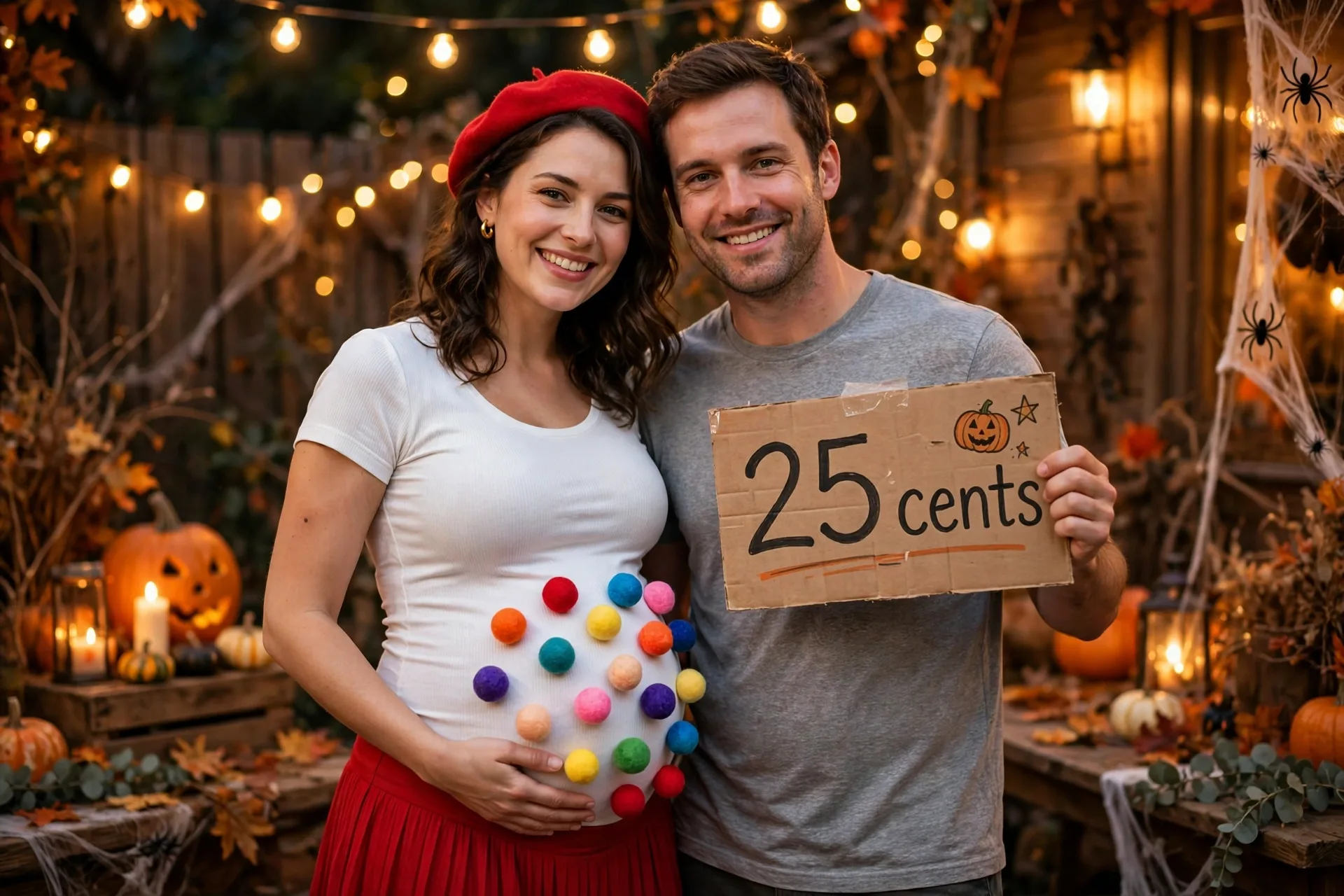 Pregnant woman in a gumball machine costume with colorful pom-poms on her bump, partner holding a 25 cents sign