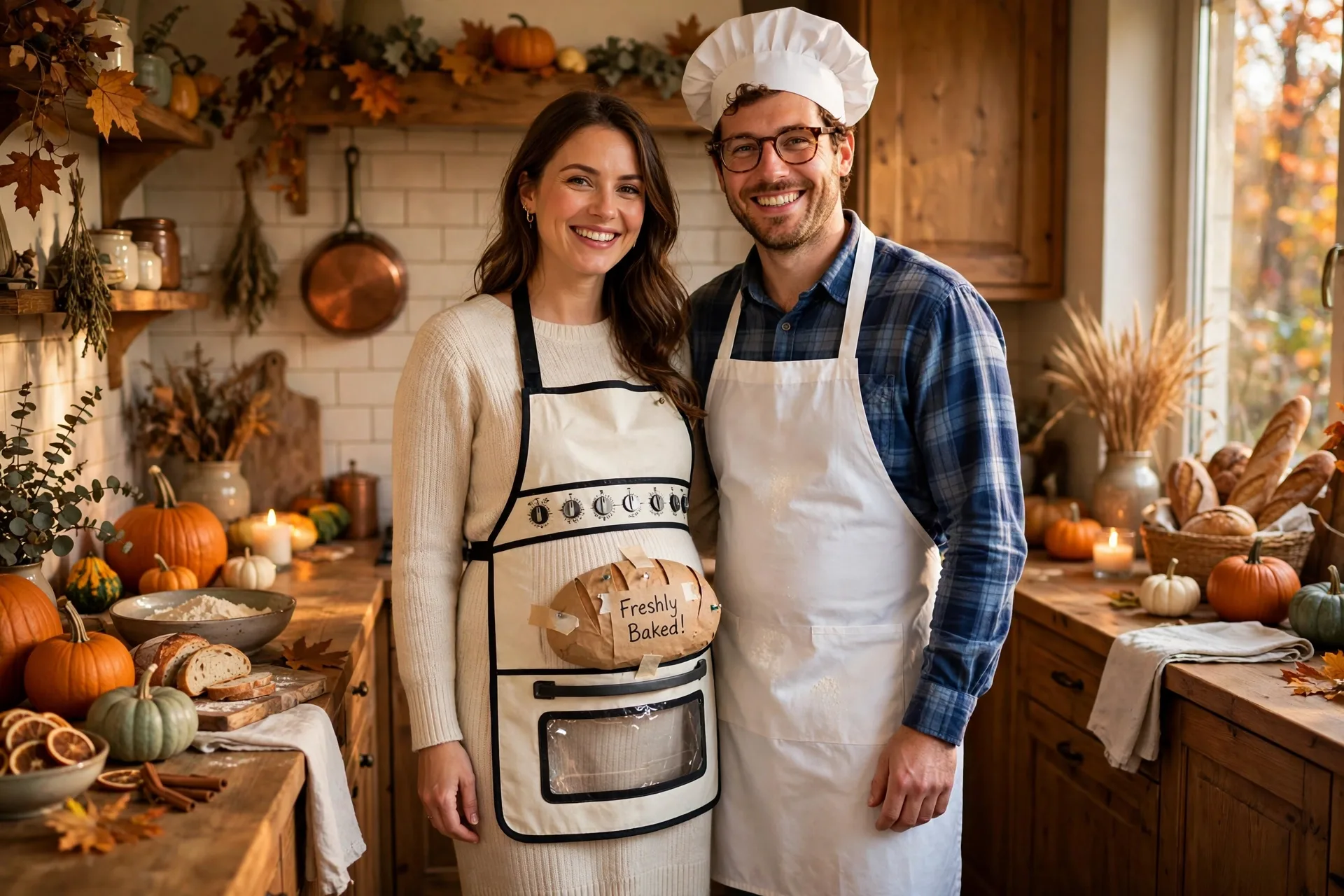 Pregnant woman as a bun in the oven oven costume with her partner dressed as a baker
