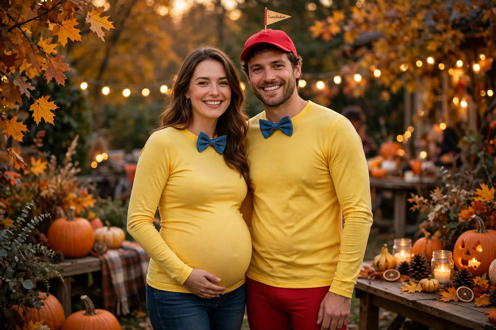Pregnant woman and partner in matching yellow and red Tweedledee and Tweedledum costumes with tiny flags on red caps