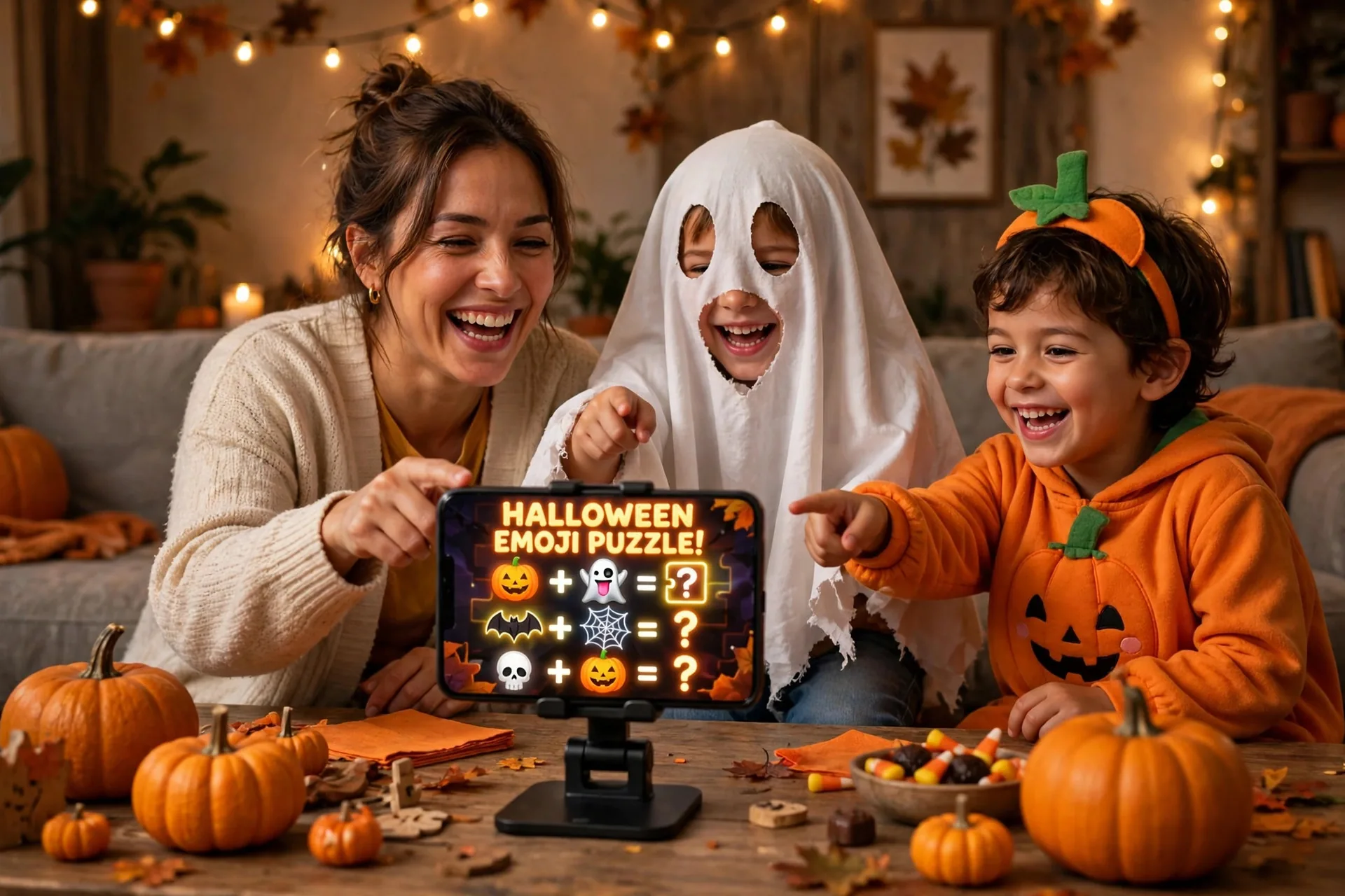 Mom with two kids playing the Halloween emoji game at a party table with a phone showing big emoji puzzles