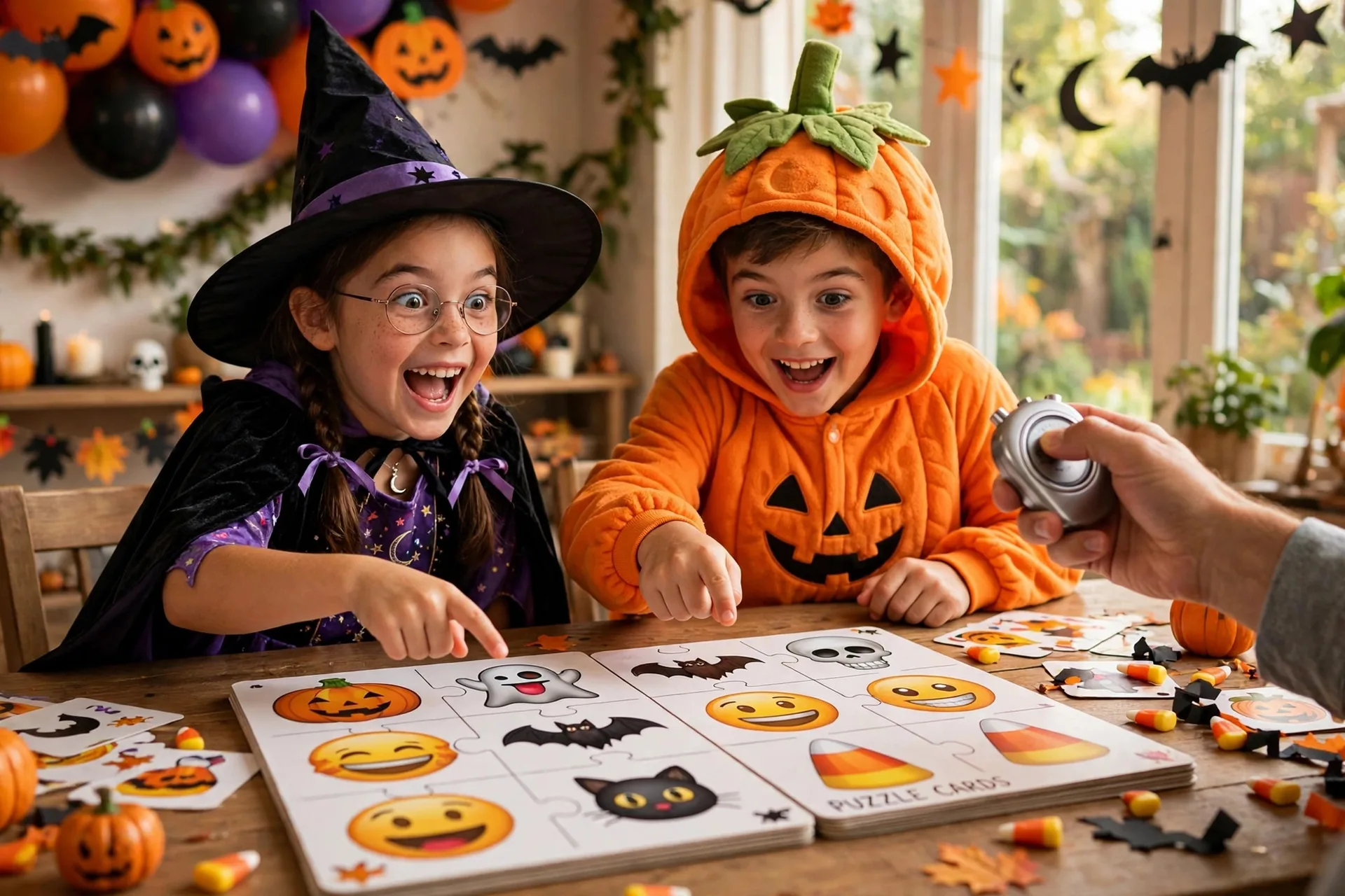 Kids in Halloween costumes eagerly solving big emoji puzzle cards at a party table