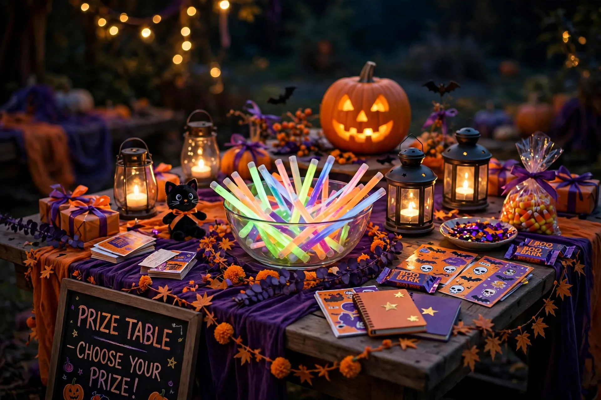 Halloween party prize table with glowing glow sticks and warm LED tea lights in lanterns