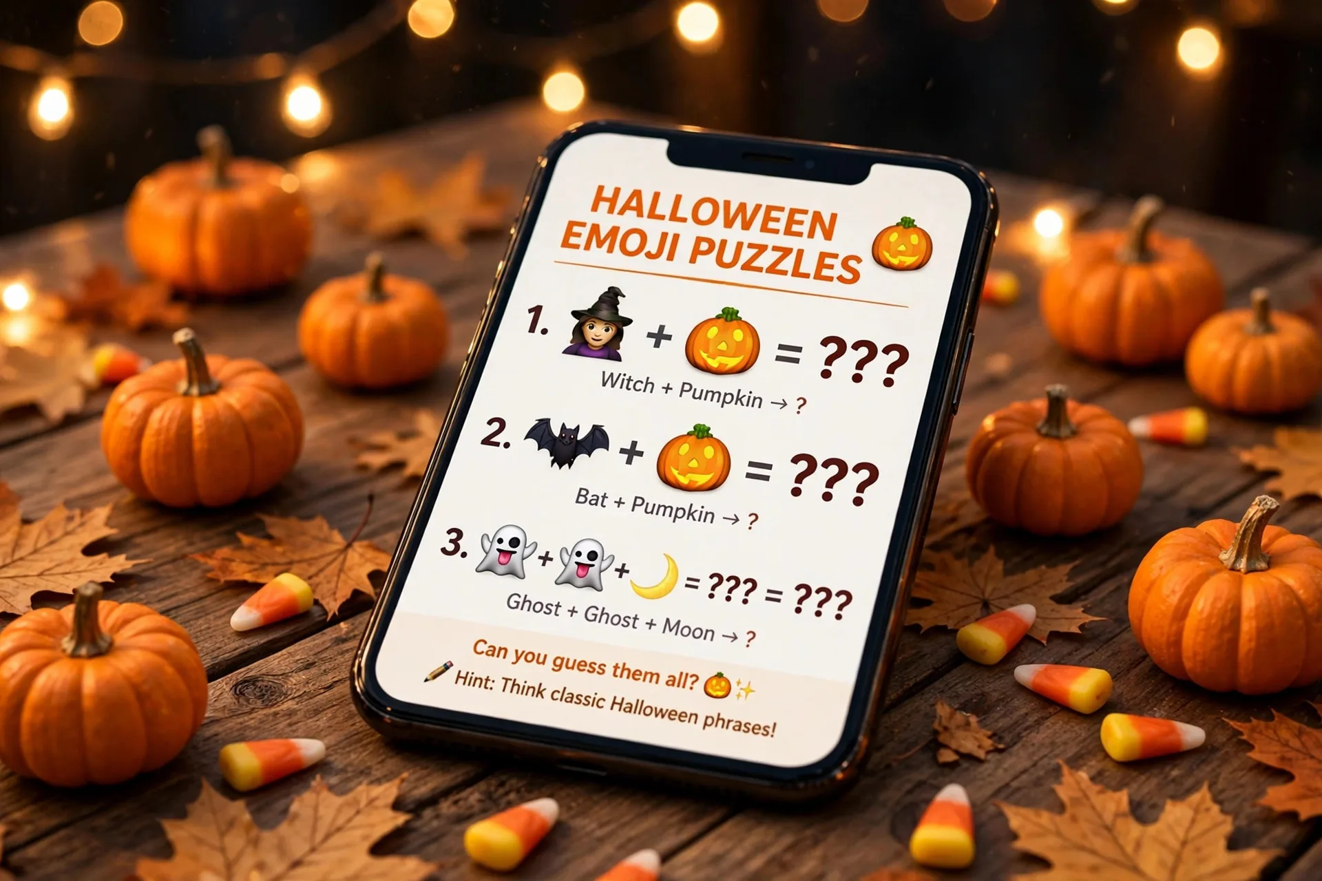 Close-up of a smartphone showing Halloween emoji puzzles on a party table with pumpkins and candy