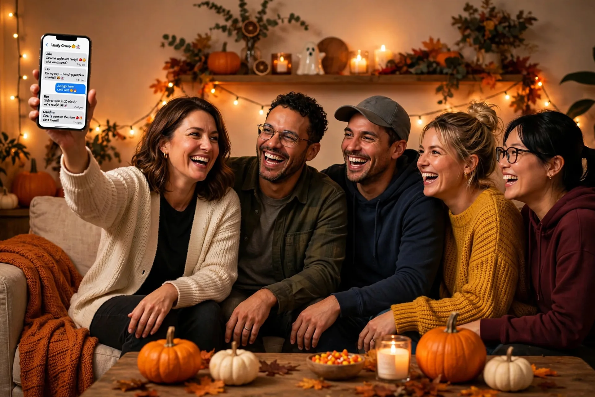 Friends laughing while playing the Halloween emoji game over text messages on a couch at a party