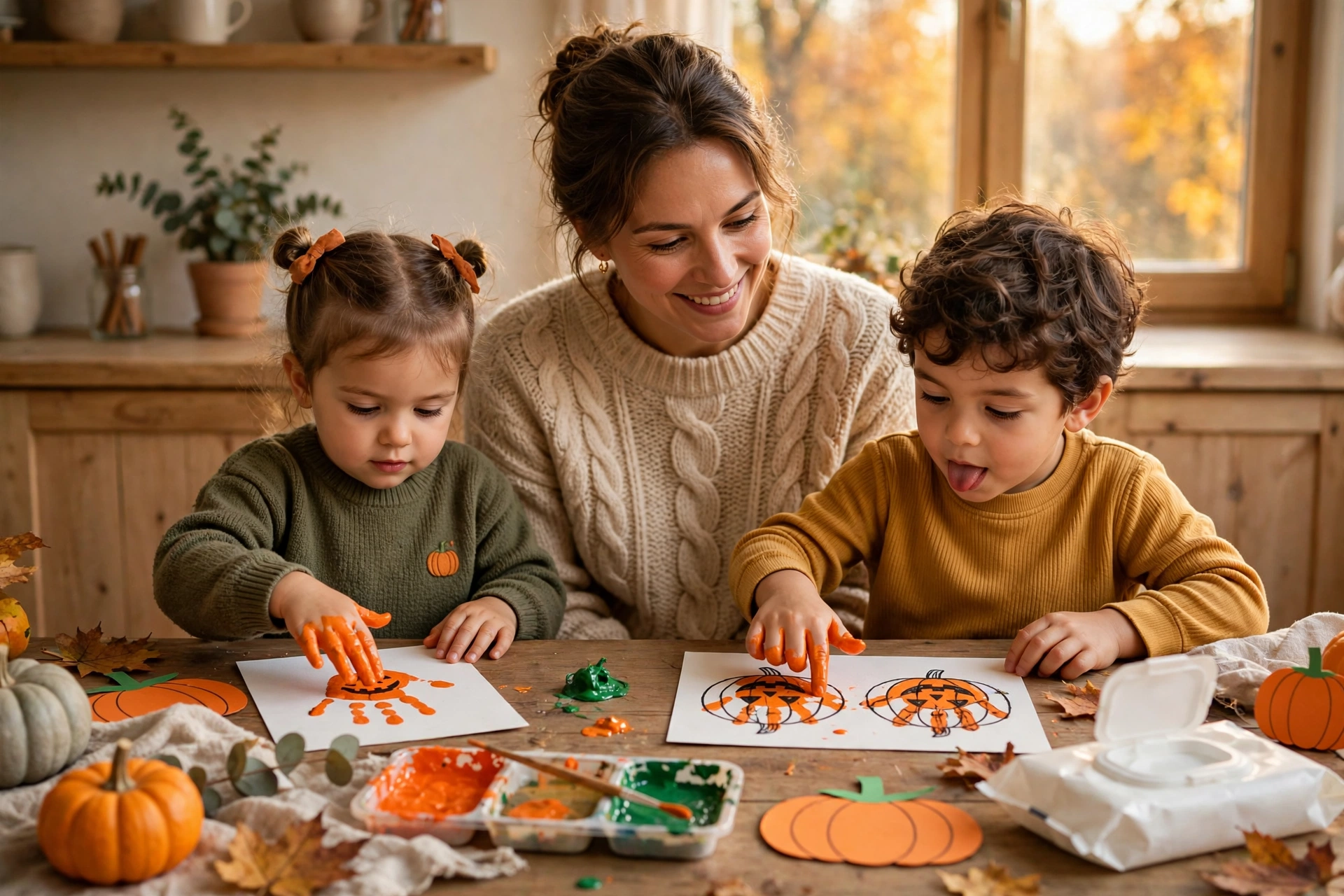 Mom and two small children making Halloween handprint art at a kitchen table with orange pumpkin handprints