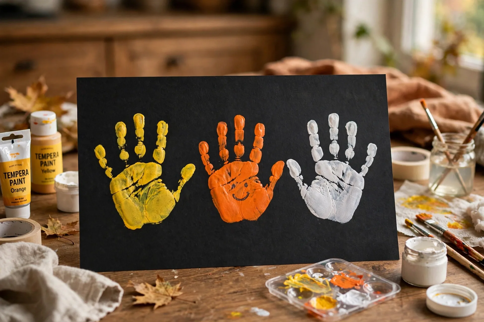 Three child handprints in yellow orange and white in a row on black paper forming a candy corn