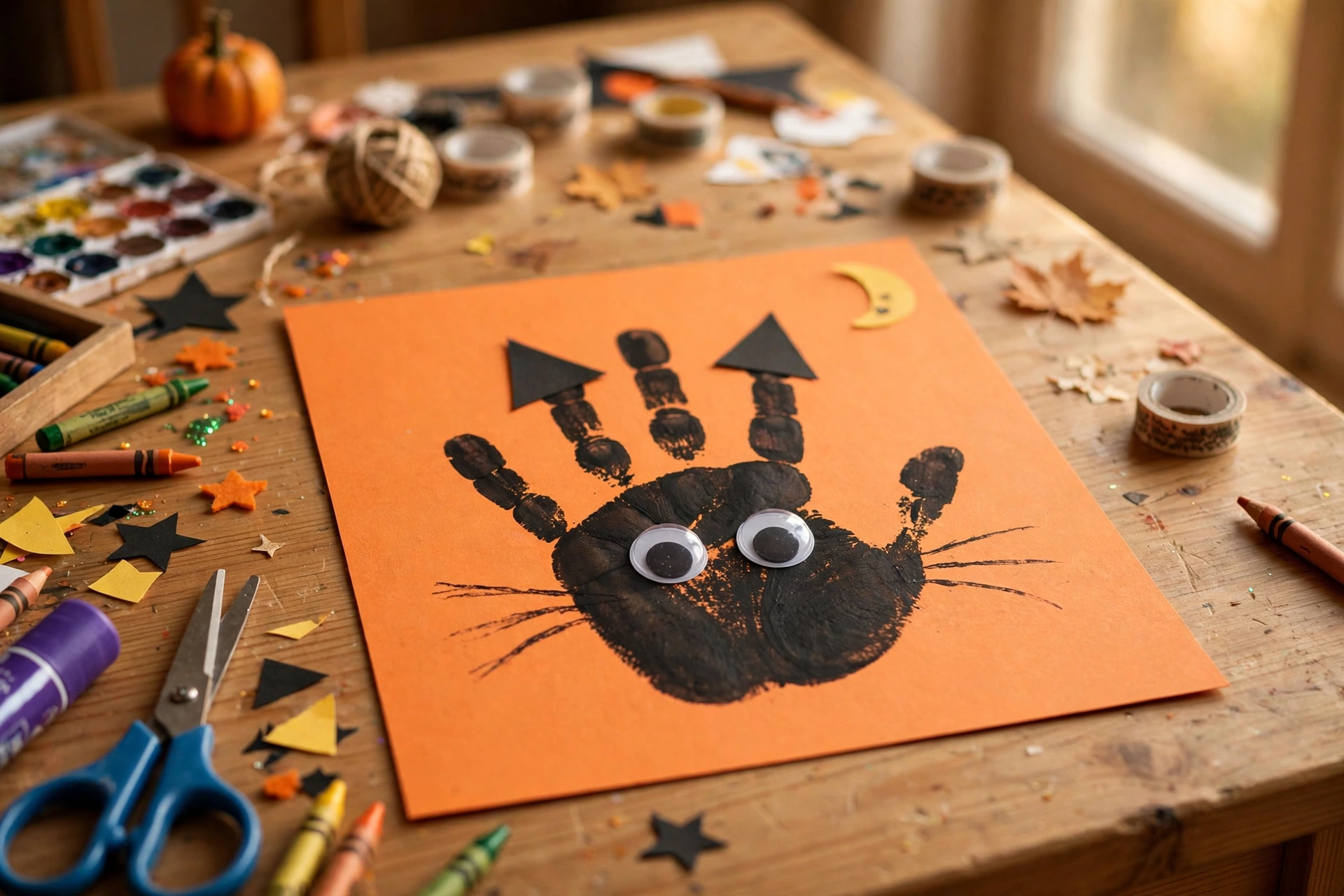 Black handprint turned into a cat with googly eyes and paper ears on orange paper