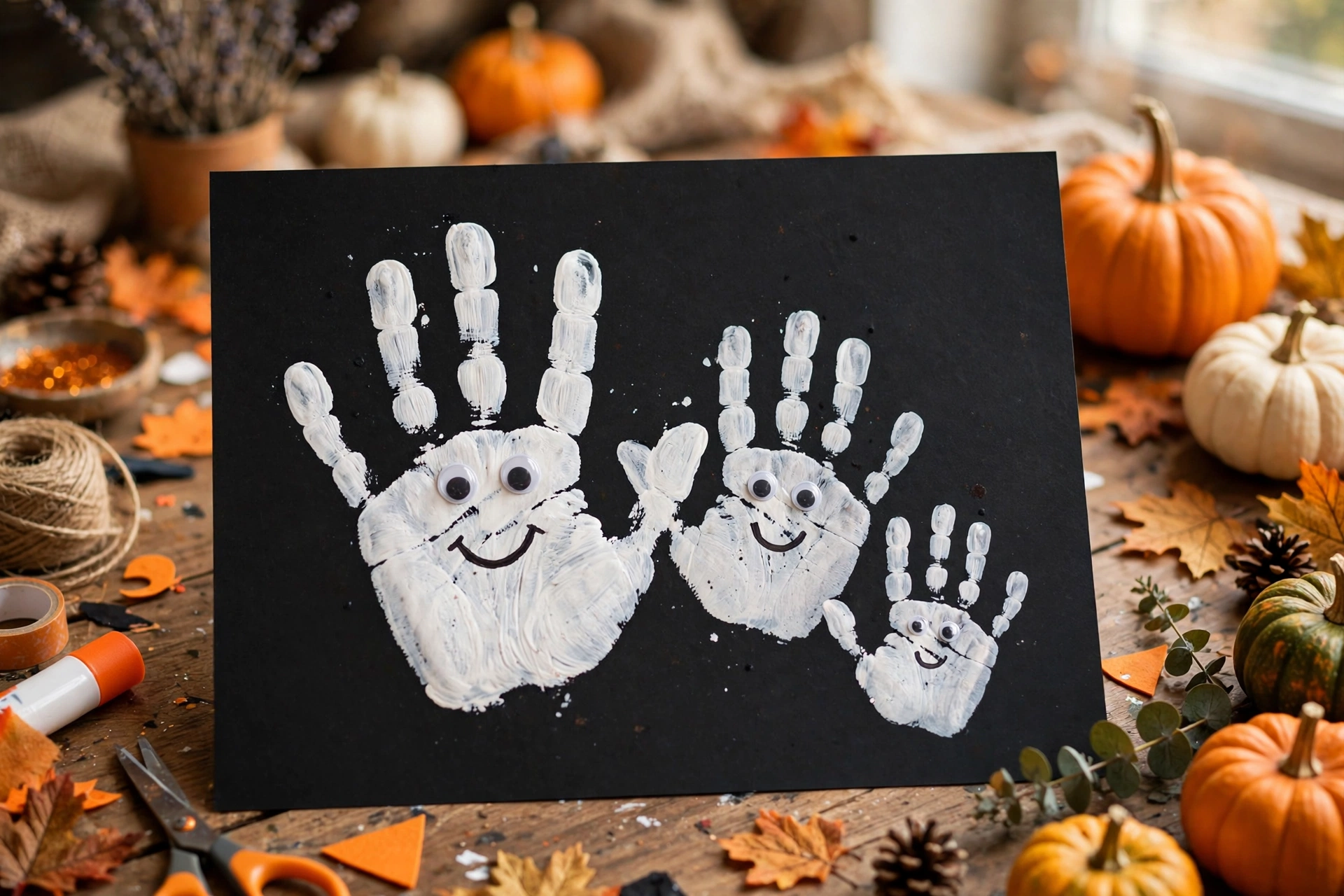 White ghost handprints of different sizes with googly eyes on black paper