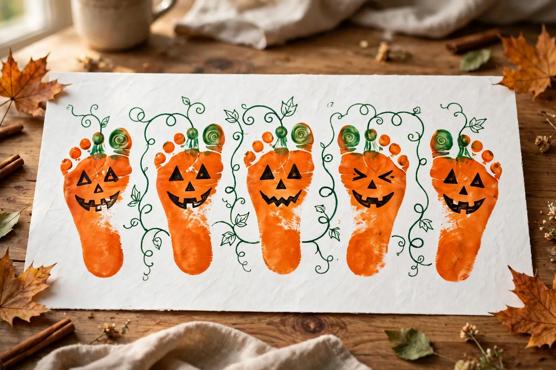 Row of orange child footprints turned into jack-o-lantern pumpkins with green thumbprint stems on white paper
