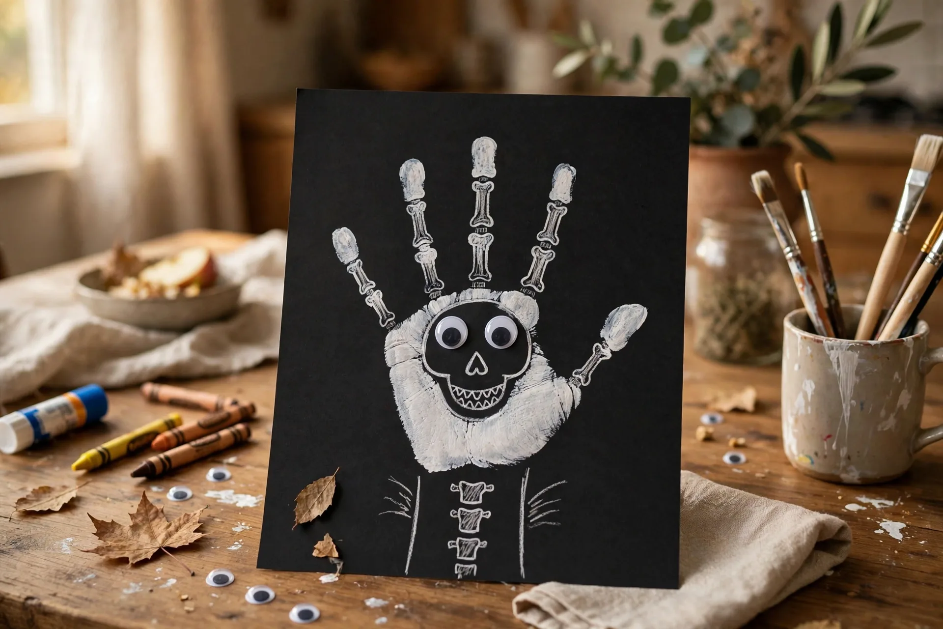 White child handprint skeleton with drawn bone lines and a smiling skull face on black paper