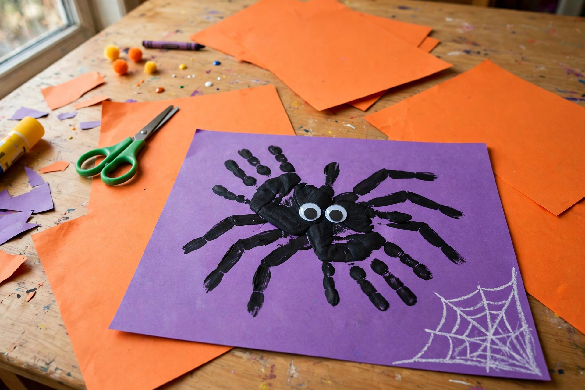 Black handprint spider with googly eyes on purple paper with a white crayon web