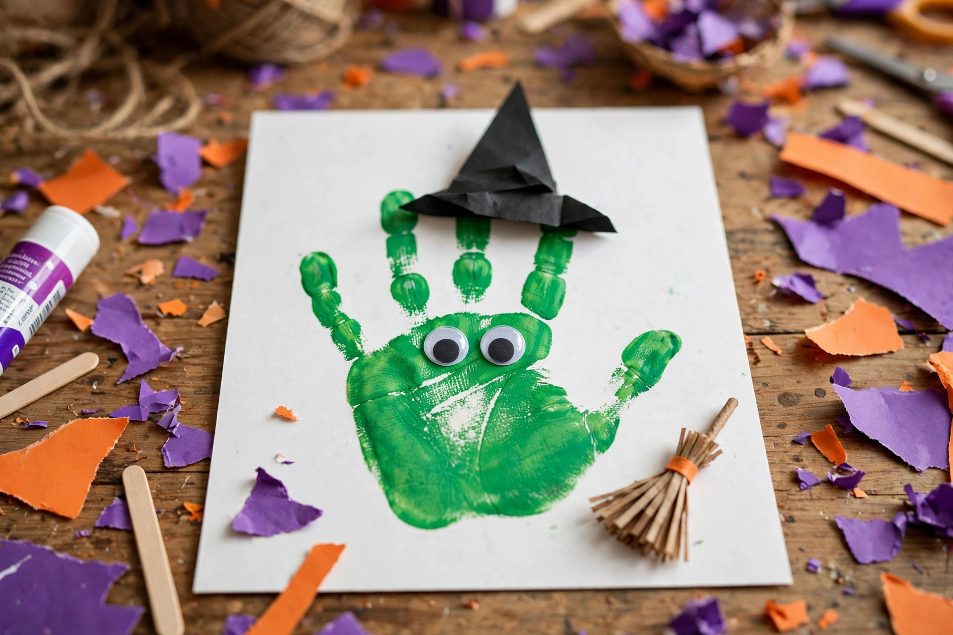 Green handprint witch with a black paper hat and broomstick on white paper