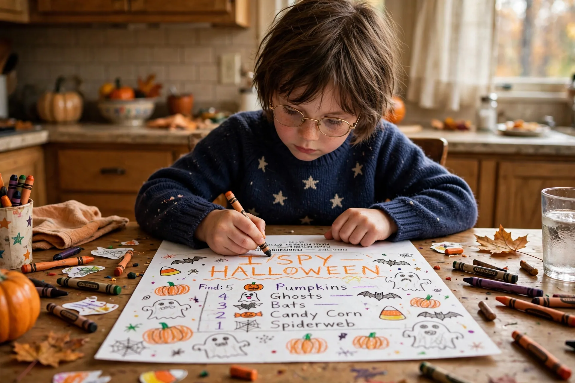 A young child drawing their own Halloween I Spy game on the back of a printed sheet