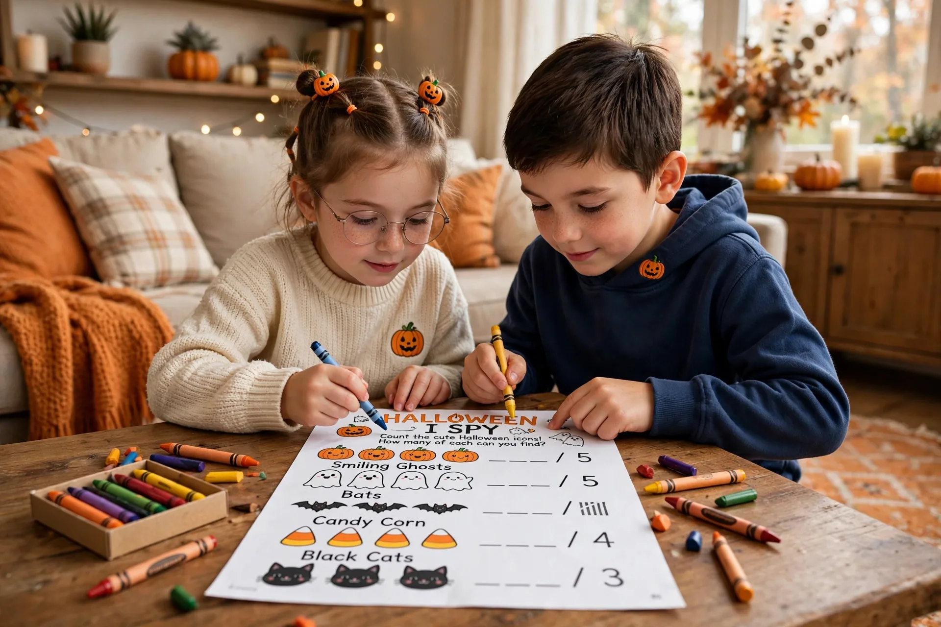Two young children counting cute Halloween icons on a printed I Spy sheet at a table
