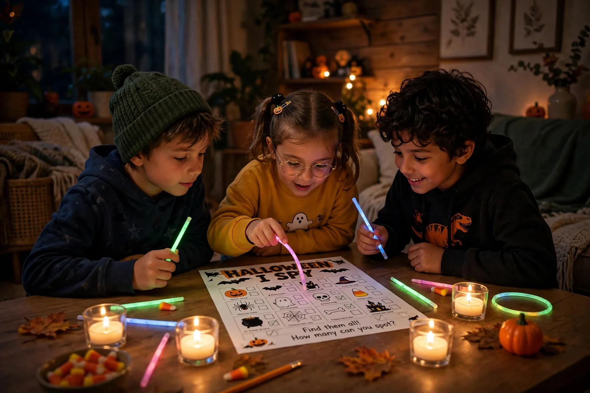 Children playing a Halloween I Spy game by the glow of flameless tea lights and glow sticks