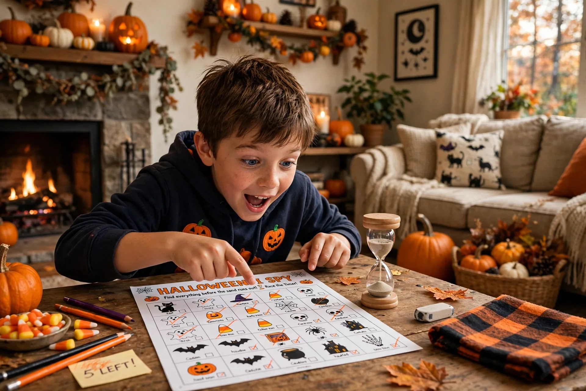 A child racing a small sand timer while searching a Halloween I Spy sheet