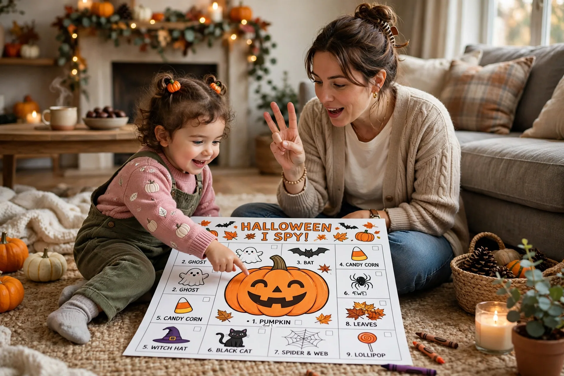 A toddler pointing at a big smiling pumpkin on a Halloween I Spy sheet while a mom counts aloud