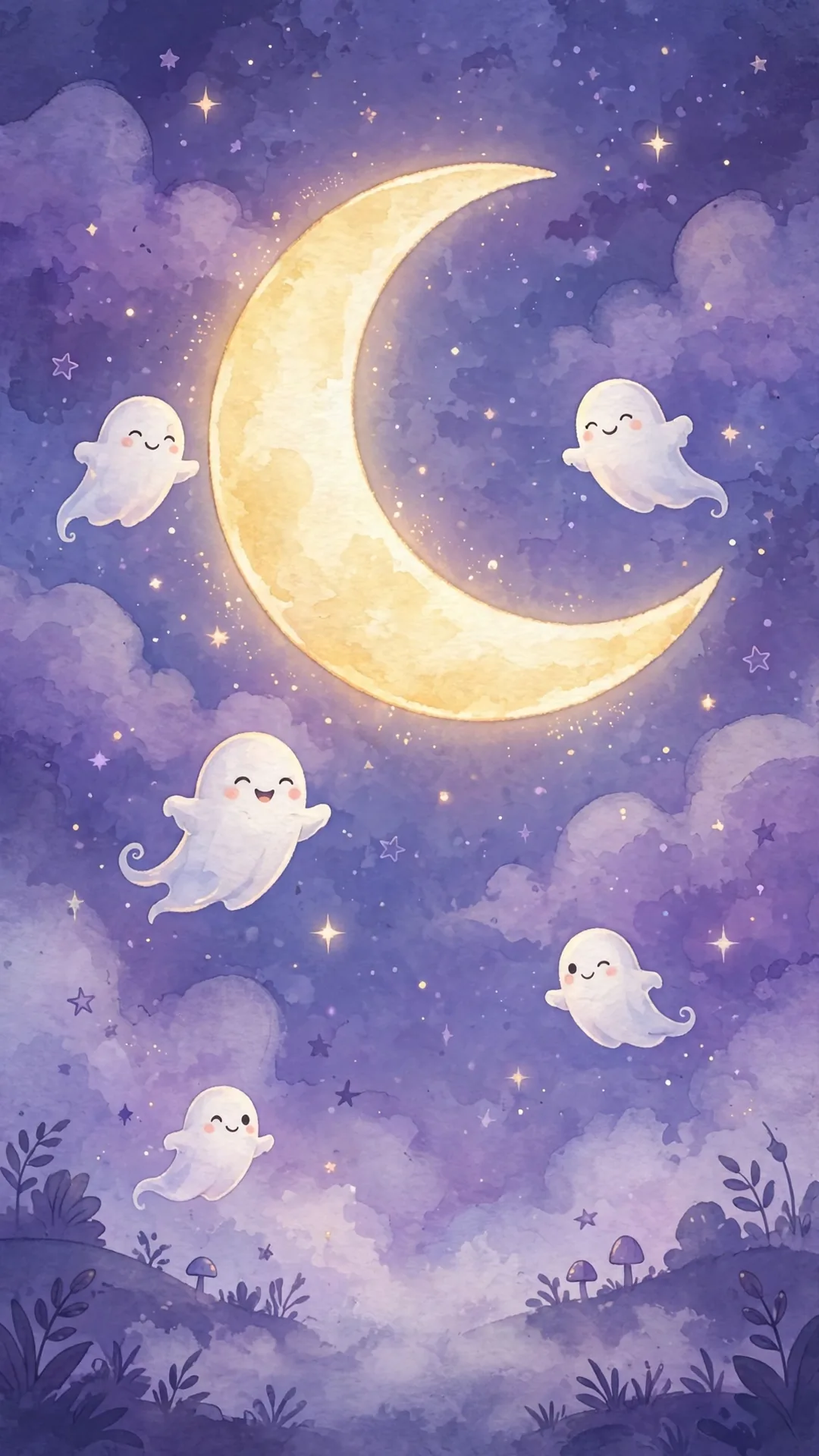 Crescent Moon & Floating Ghosts Halloween iPhone wallpaper