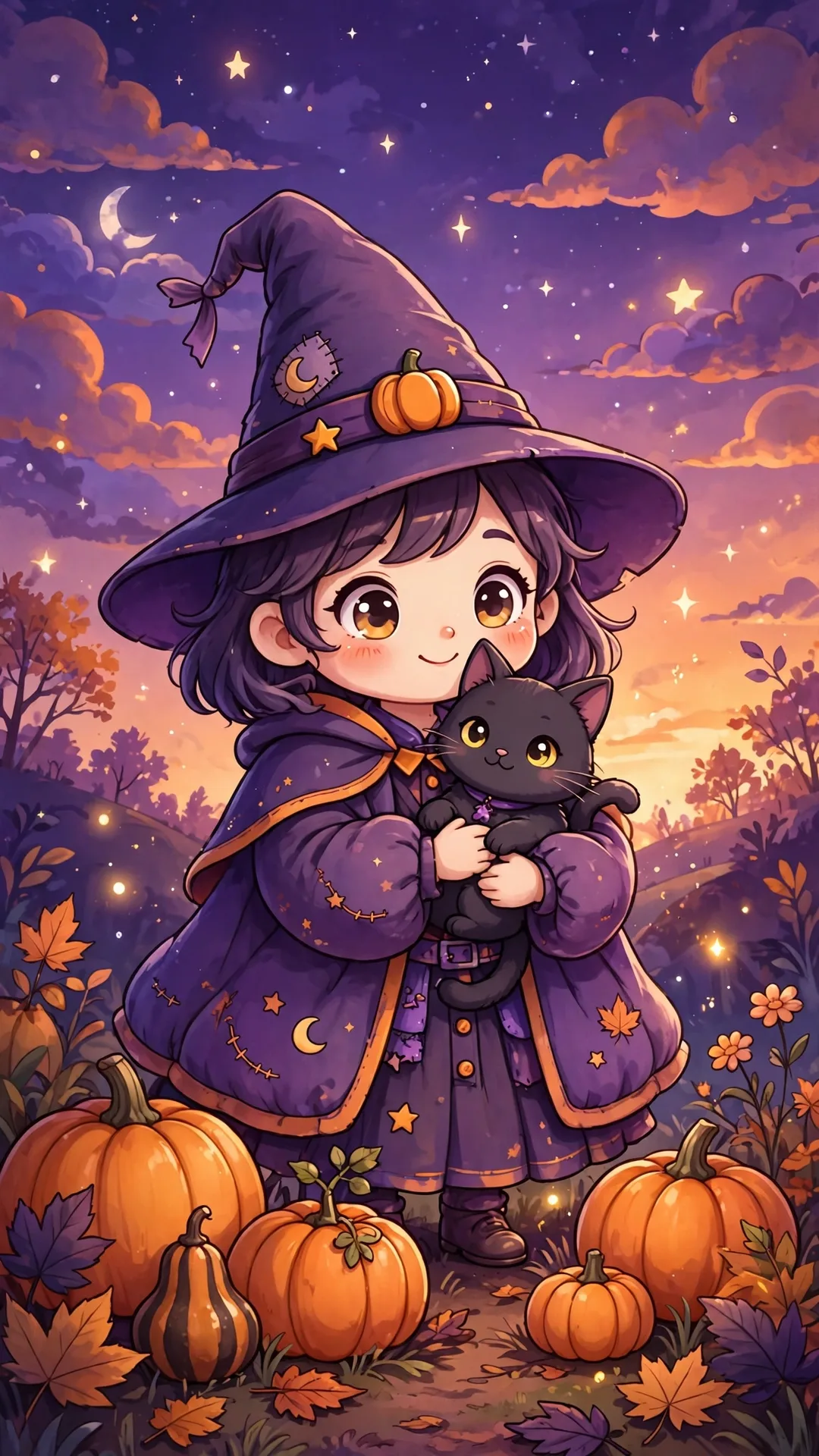 The Little Witch and Her Cat Halloween iPhone wallpaper