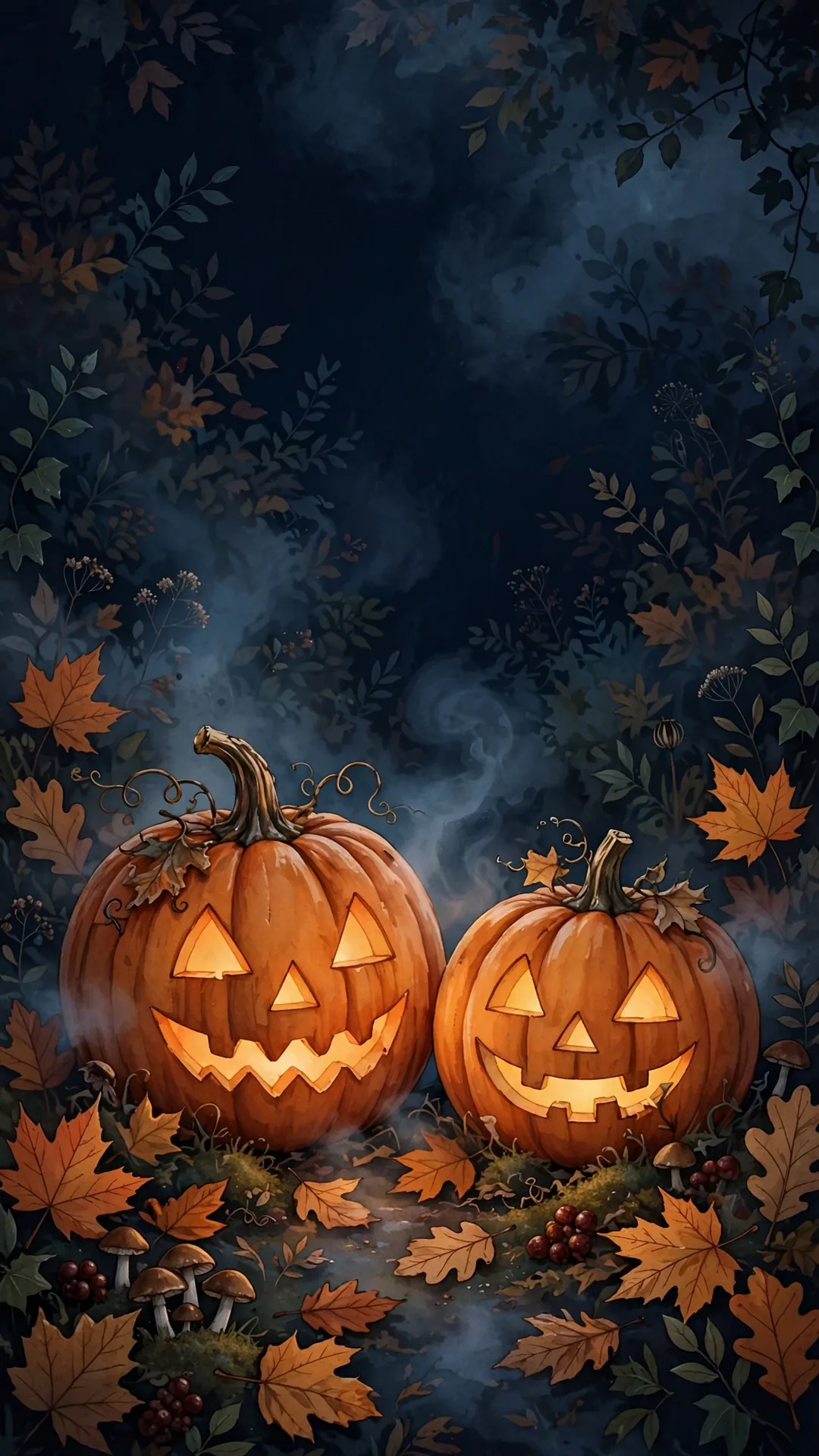 Two Jack-o'-Lanterns Glowing in the Dark Halloween iPhone wallpaper
