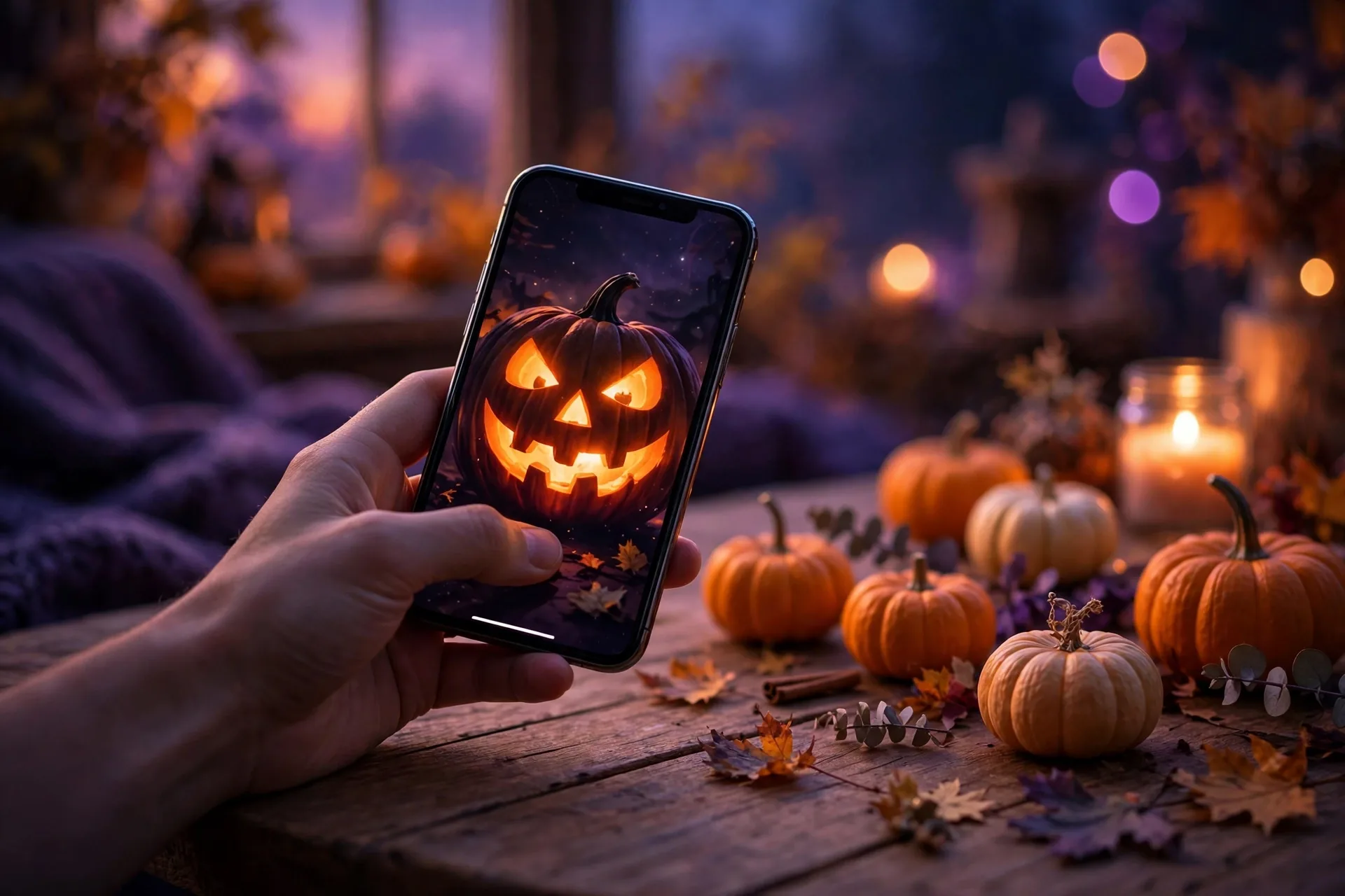 Hand holding an iPhone showing a glowing jack-o'