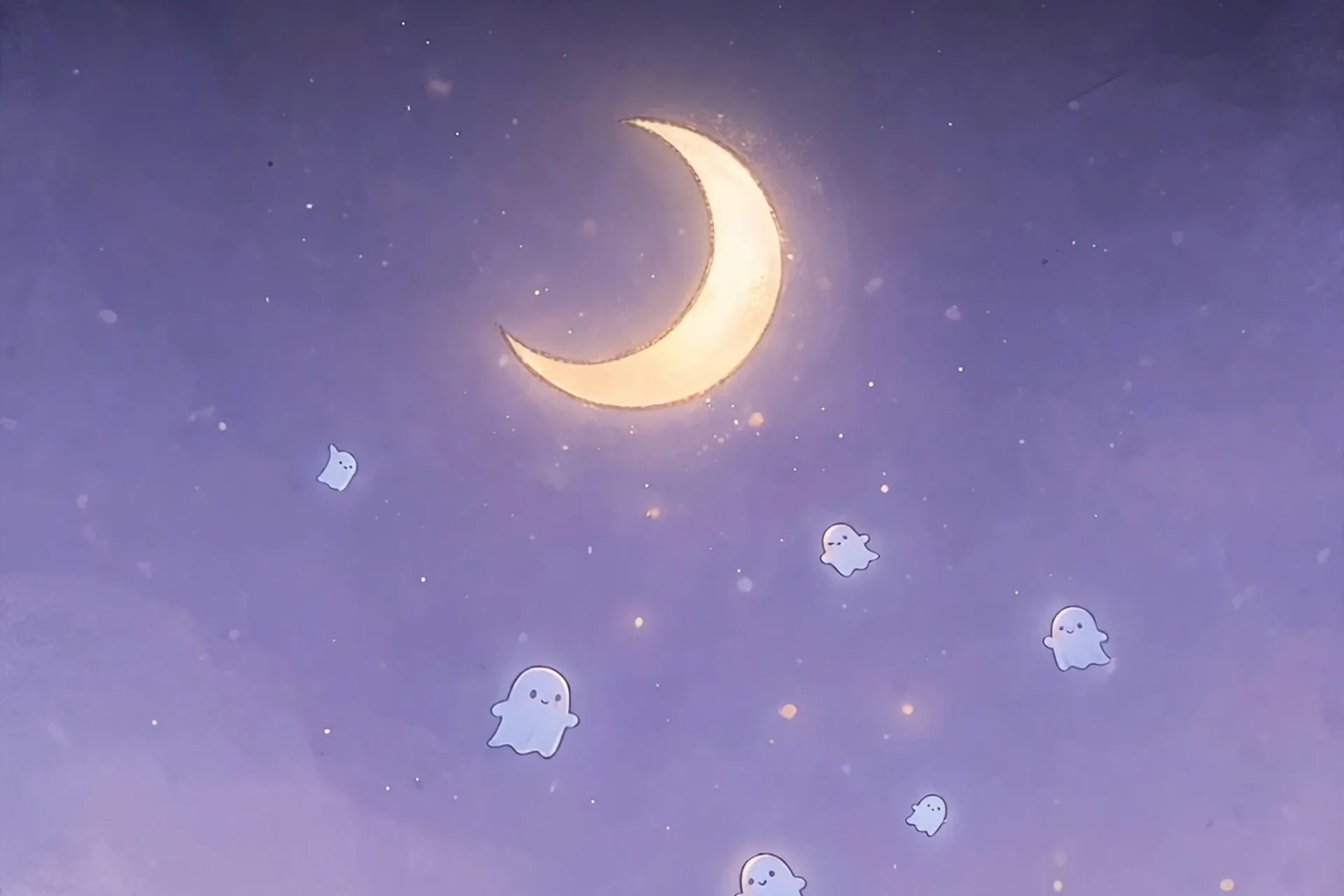 Halloween aesthetic iPhone wallpaper design with a glowing crescent moon and tiny friendly ghosts drifting through a starry lavender-purple night sky
