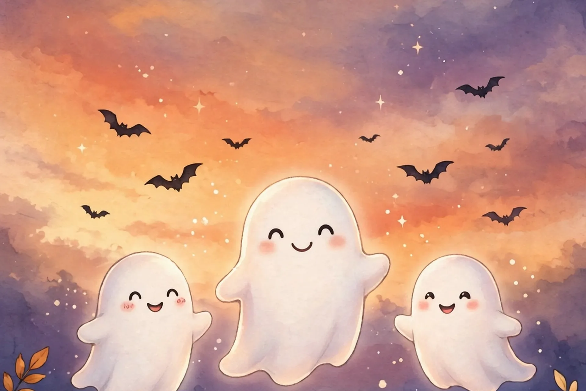 Cute Halloween iPhone wallpaper design with friendly smiling ghosts floating over a pumpkin patch under an orange-to-purple sunset sky