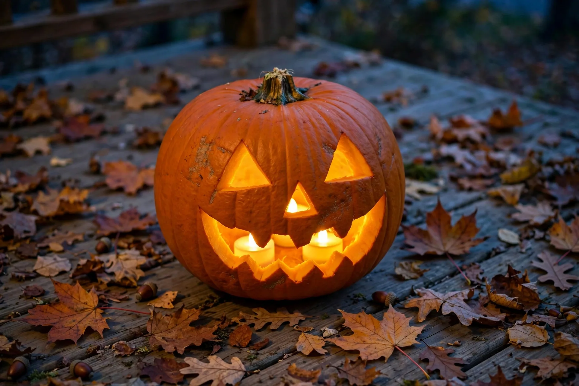 A carved jack-o'-lantern glowing from flameless LED tea lights inside, on a porch at dusk with autumn leaves