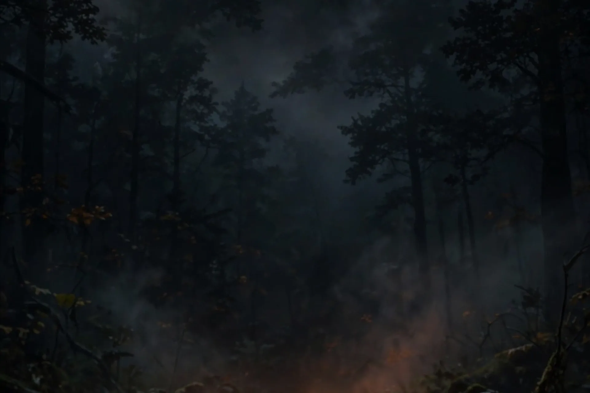 Spooky Halloween iPhone wallpaper design with a single carved jack-o'-lantern glowing in a dark forest at night