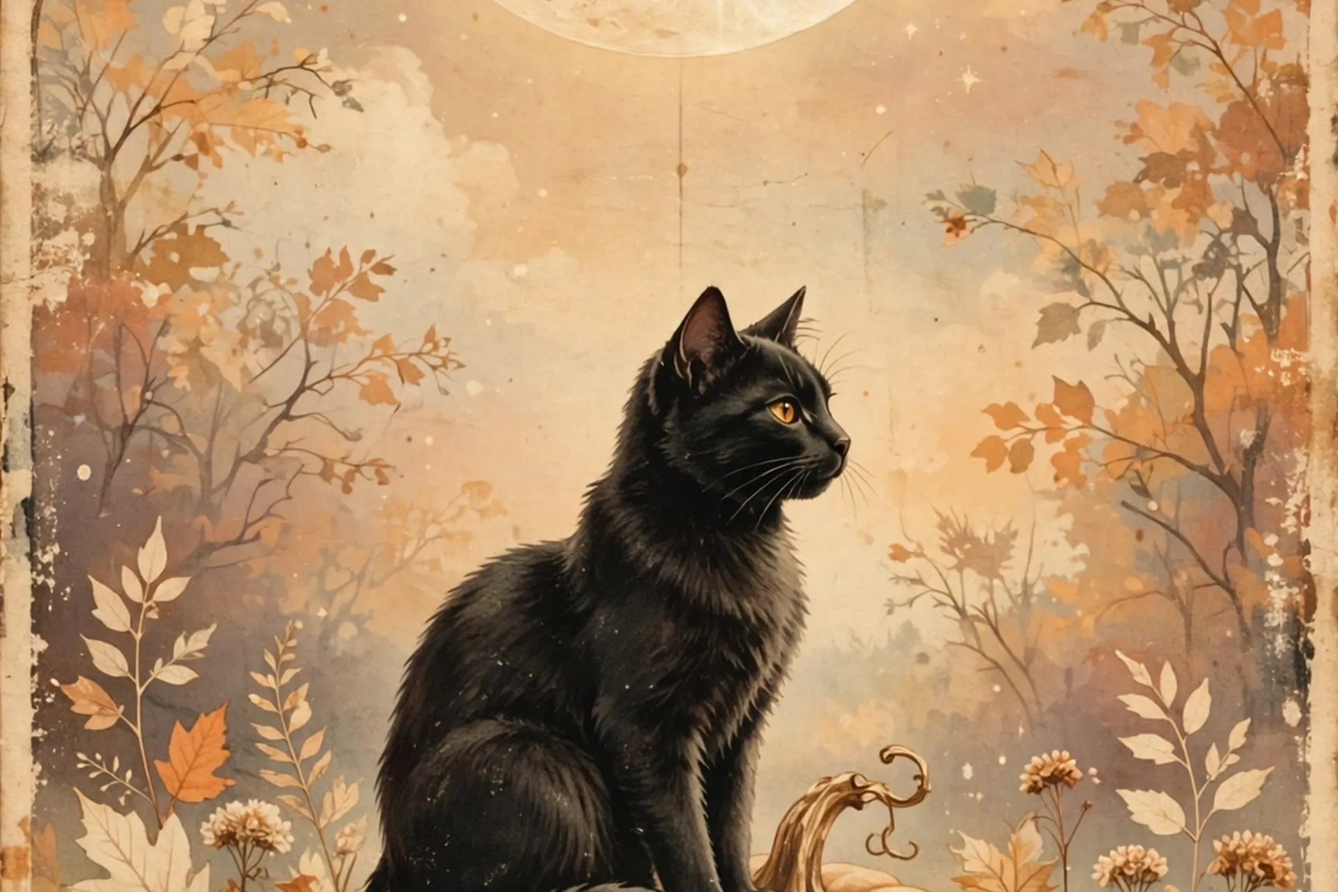 Vintage Halloween iPhone wallpaper design with an old-fashioned black cat watching a harvest moon in antique postcard texture