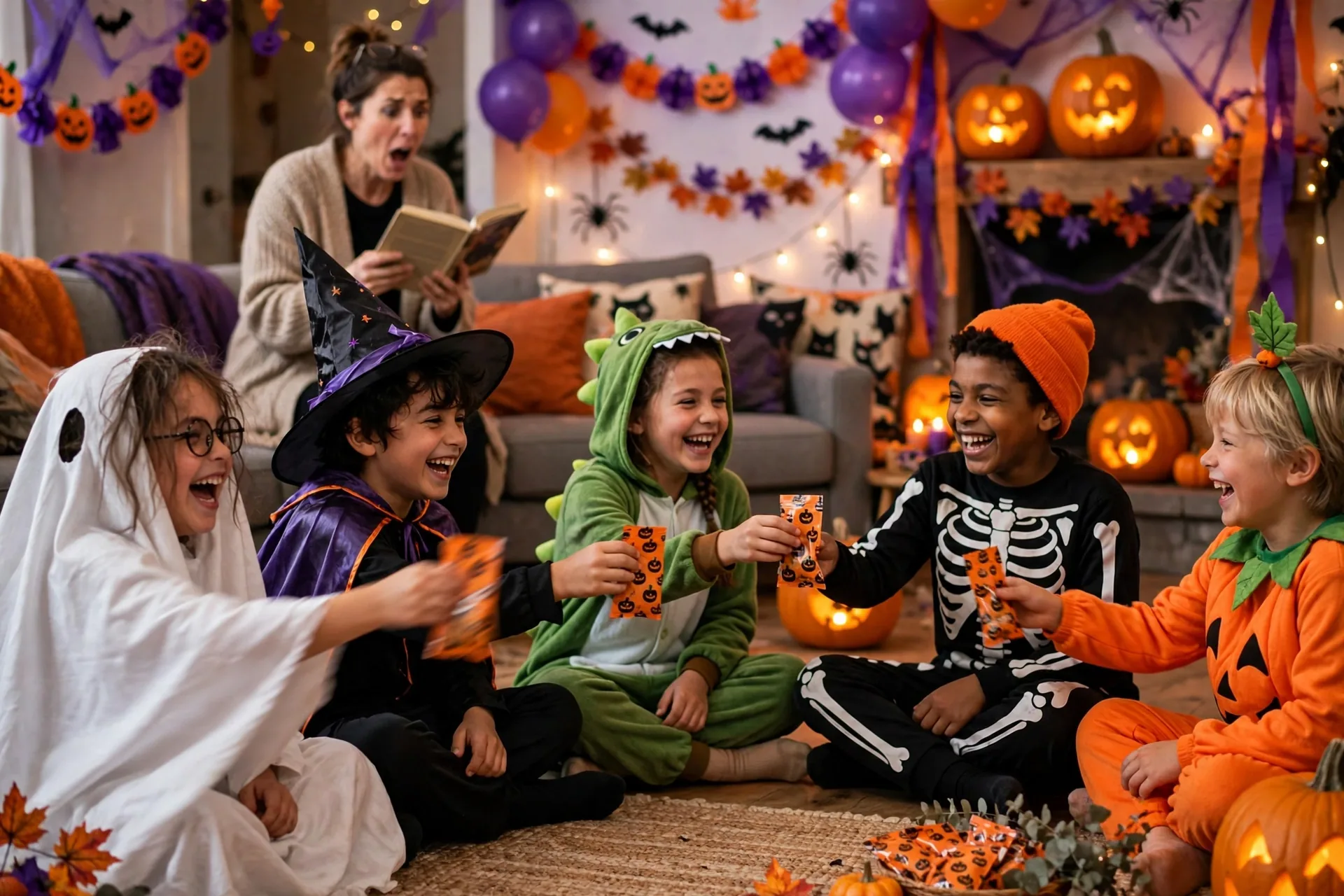 Kids in Halloween costumes sitting in a circle passing treat bags while a mom reads a spooky story