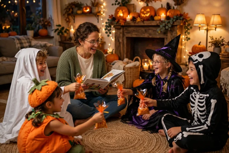 Family sitting in a circle on a living room floor passing small Halloween treat bags while a mom reads a story aloud