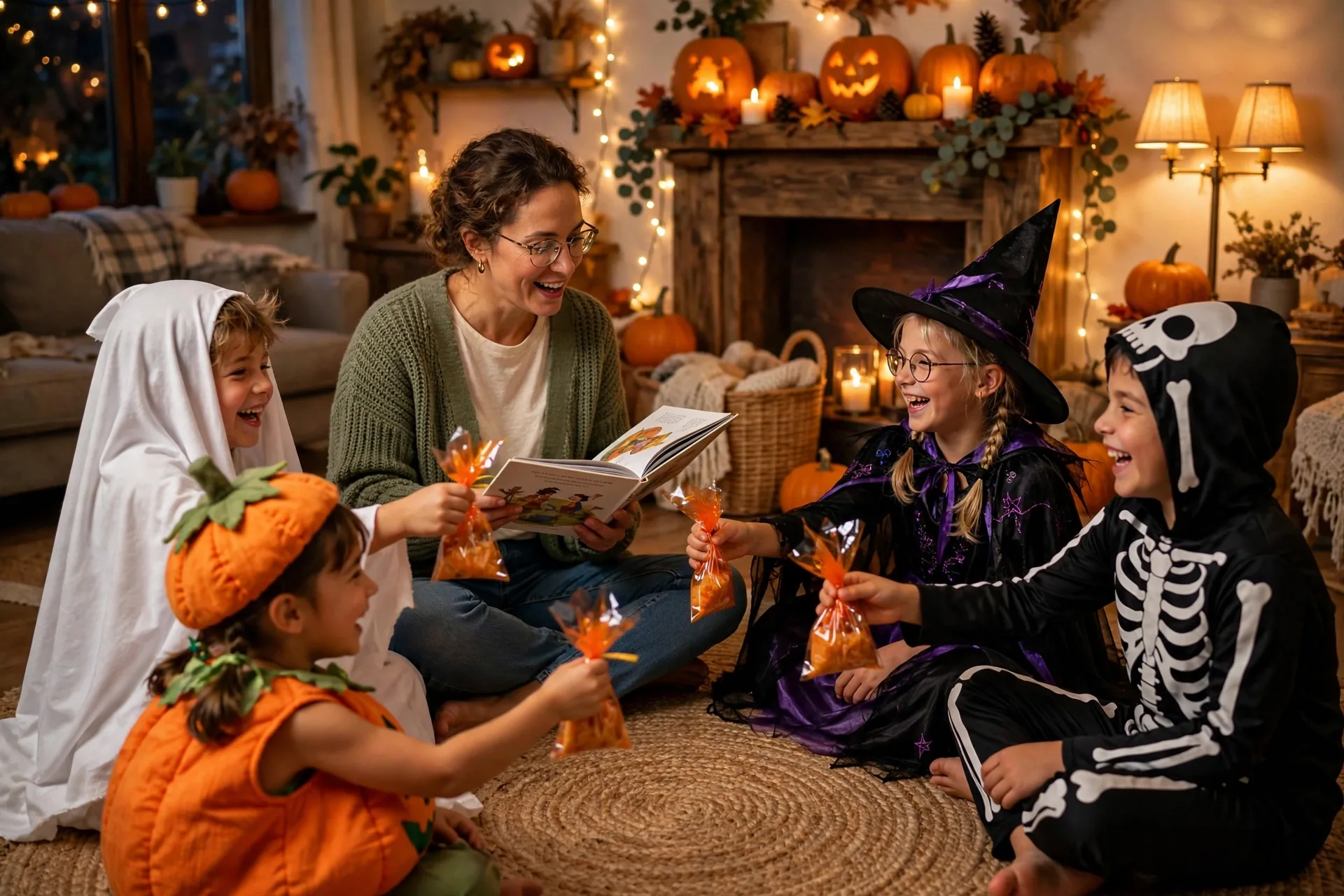 Family sitting in a circle on a living room floor passing small Halloween treat bags while a mom reads a story aloud