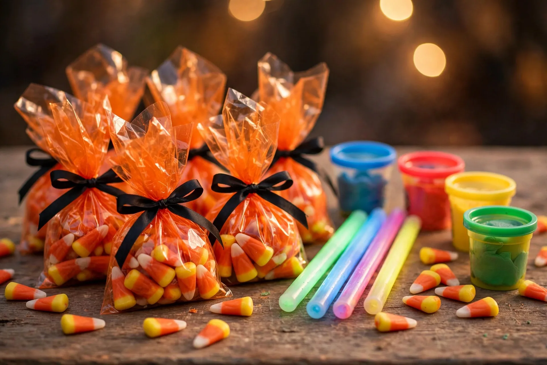 Close-up of small Halloween treat bags and glow sticks arranged as game prizes on a table