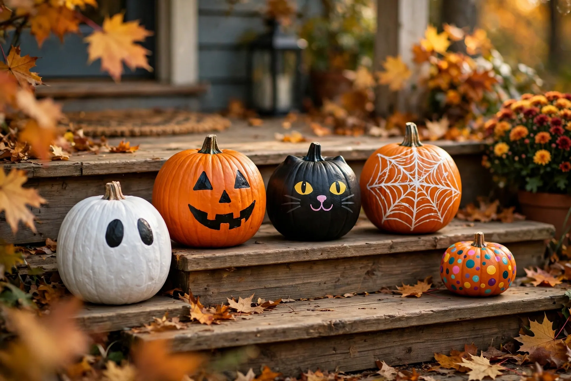Five painted pumpkins on wooden porch steps: a white ghost, a jack-o-lantern face, a black cat, a spiderweb pumpkin, and a dotted one in warm autumn light