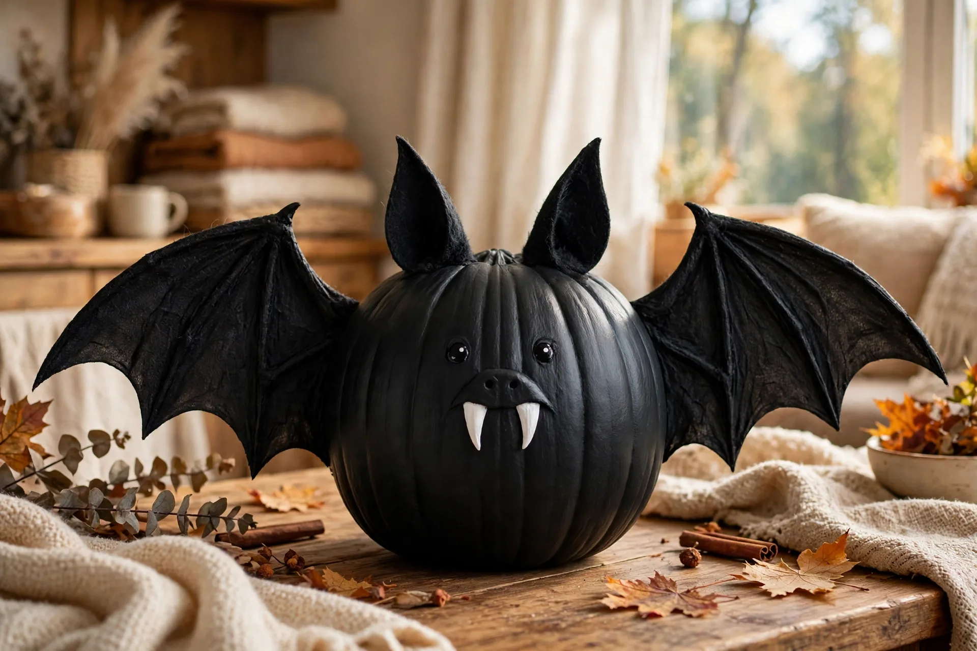 Painted pumpkin as a black bat with spread wings, pointy ears and white fangs