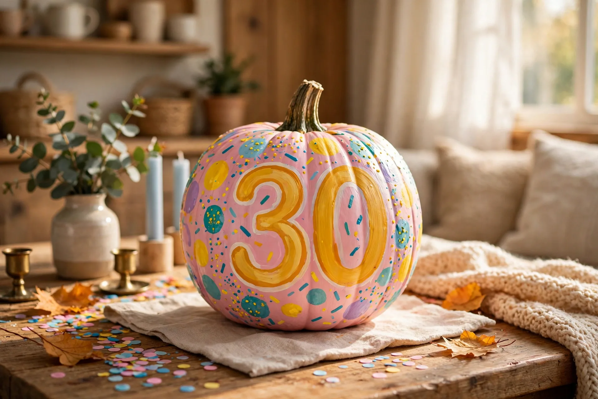 Painted pumpkin painted in birthday colors with a big age number