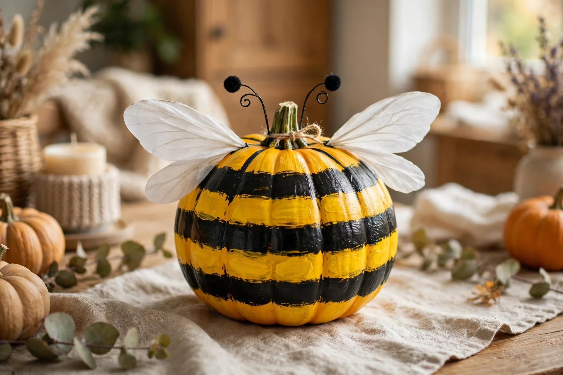 Painted pumpkin as a yellow bumblebee with black stripes and white wings