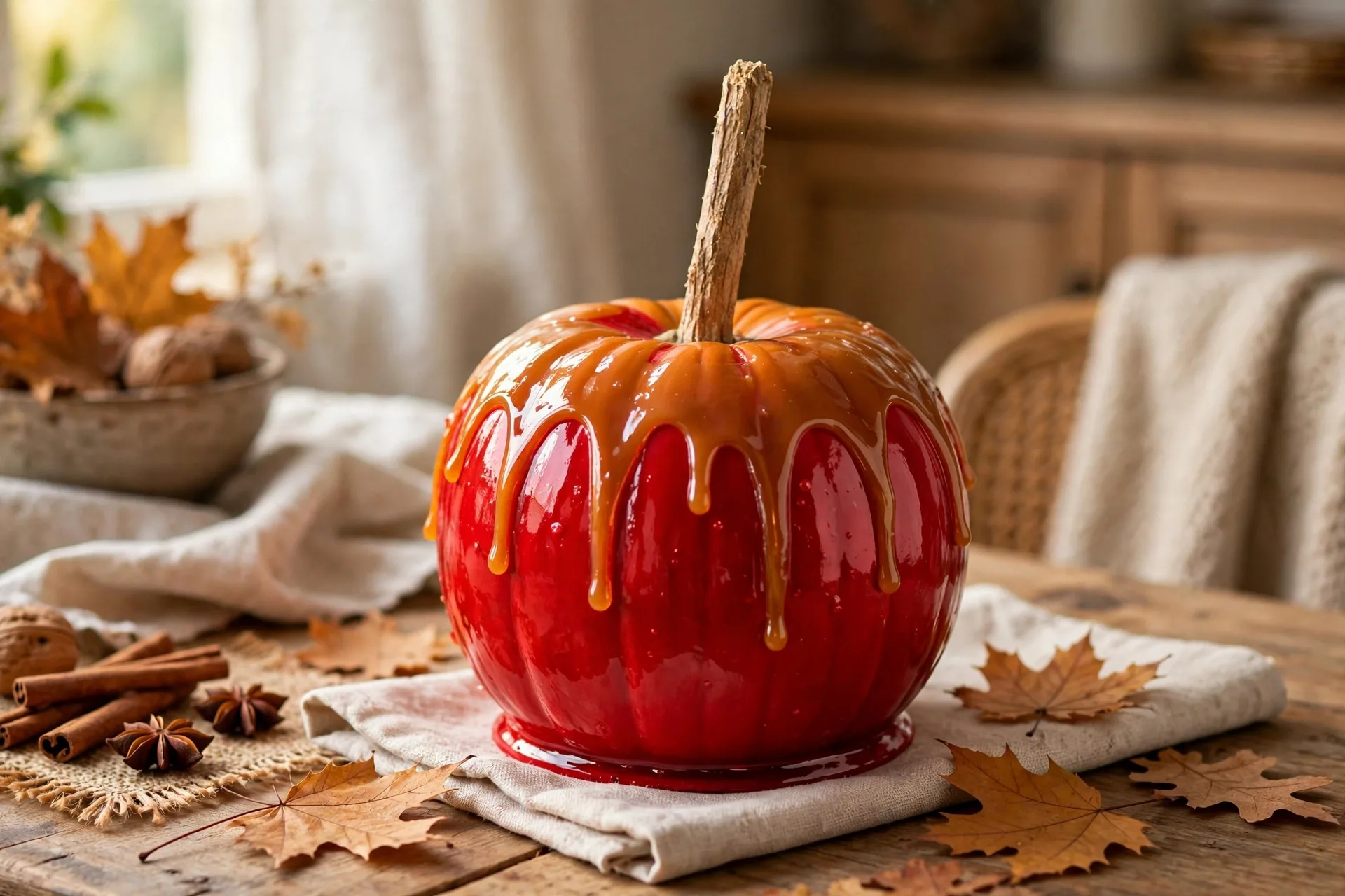 Painted pumpkin as a shiny red candy apple with caramel drip and stick stem