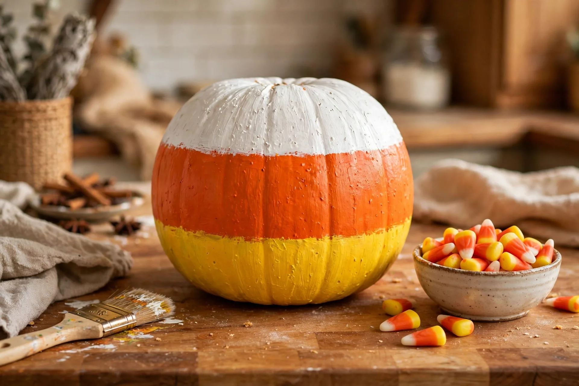 Pumpkin painted as a giant candy corn with white orange and yellow bands