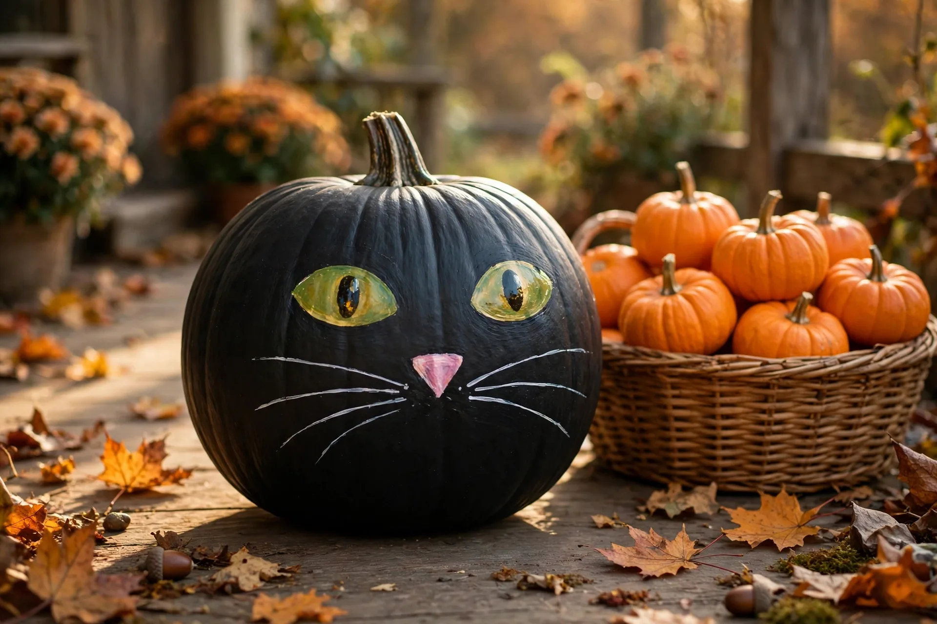 Black cat painted pumpkin with green eyes pink nose and white whiskers