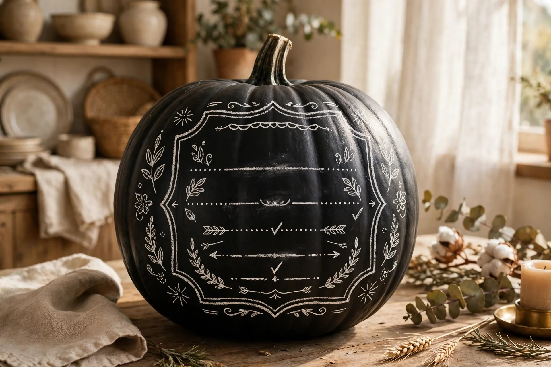 Matte black painted pumpkin with white chalk-style menu lettering