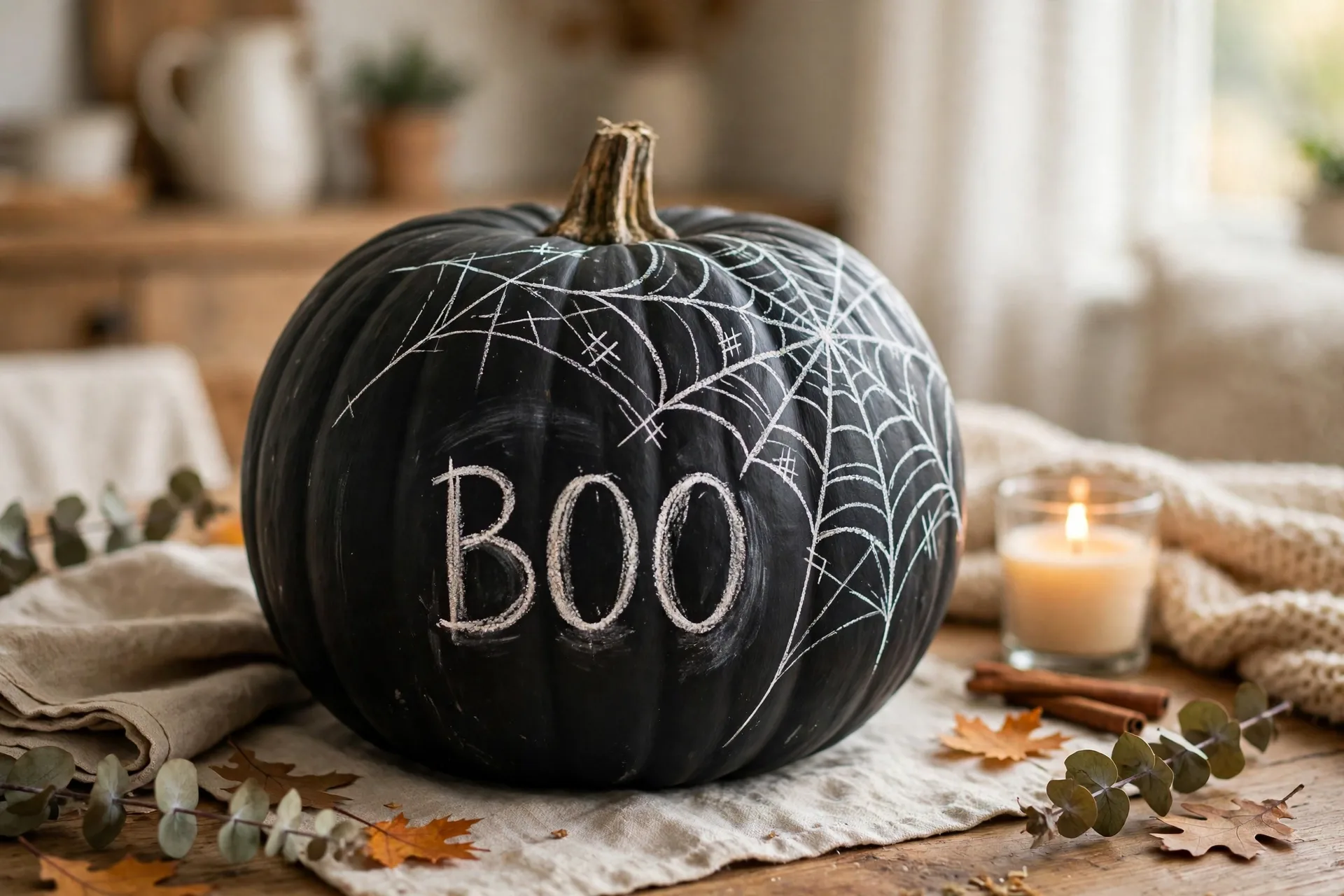Matte black chalkboard pumpkin with white chalk-style spiderweb and BOO lettering